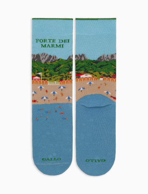 Women's short cotton socks, light blue with Forte dei Marmi beach pattern - Socks | Gallo 1927 - Official Online Shop