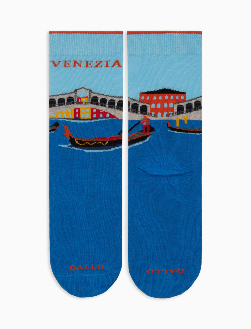 Women's short cotton socks, light blue with Ponte of Rialto in Venice pattern - Special Selection | Gallo 1927 - Official Online Shop