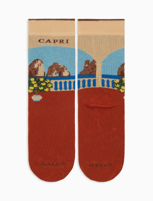 Women's short cotton socks, brown with Capri's Faraglioni pattern - Special Selection | Gallo 1927 - Official Online Shop