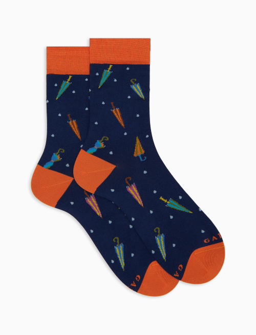 Women's short socks in blue cotton with colorful umbrella pattern - Socks | Gallo 1927 - Official Online Shop