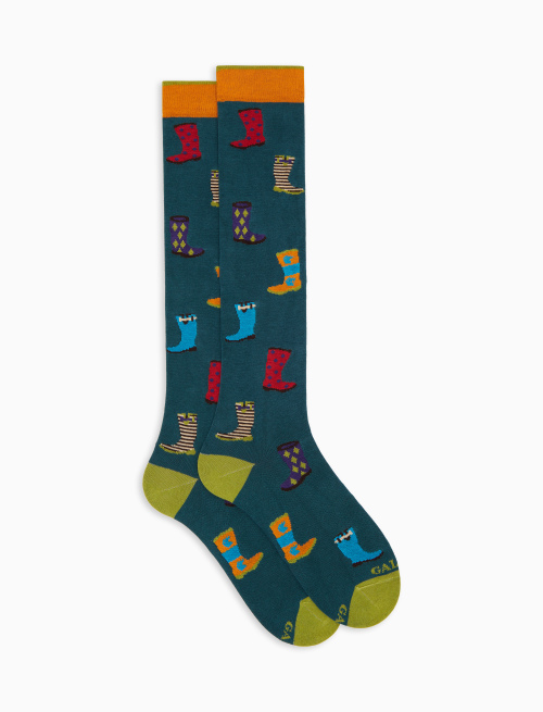 Men's green cotton patterned knee-high socks with rain boots - Long | Gallo 1927 - Official Online Shop