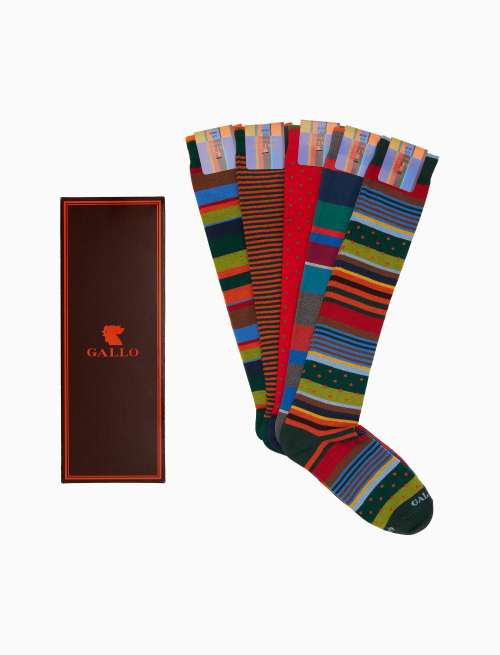 Box with 5 pairs of men's long socks patterned mix of Gallo icons in shades of red, online exclusive - Socks | Gallo 1927 - Official Online Shop