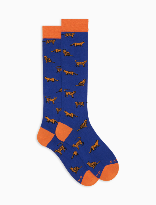 Women's long socks in blue cotton with cat pattern - Socks | Gallo 1927 - Official Online Shop