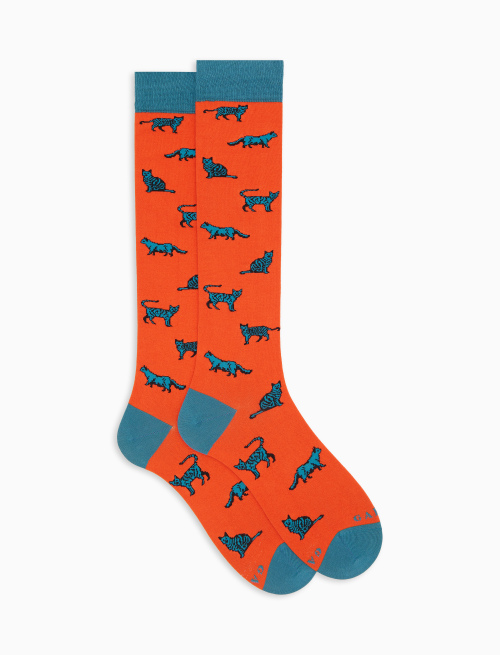 Women's long socks in orange cotton with cat pattern - Socks | Gallo 1927 - Official Online Shop