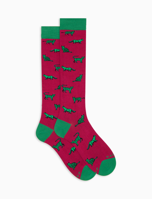 Women's long socks in fuchsia cotton with cat pattern - Socks | Gallo 1927 - Official Online Shop