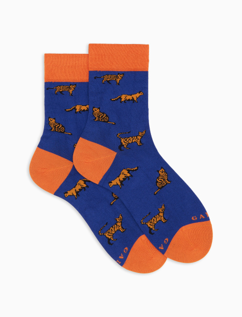 Women's short socks in blue cotton with cat pattern - Socks | Gallo 1927 - Official Online Shop