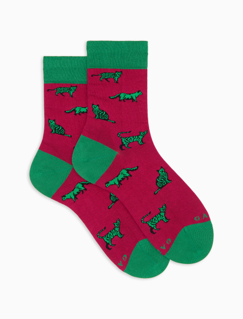 Women's short socks in fuchsia cotton with cat pattern - Socks | Gallo 1927 - Official Online Shop