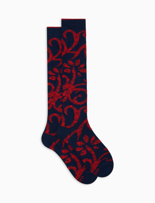 Women's long cotton socks in blue brocade pattern - Socks | Gallo 1927 - Official Online Shop