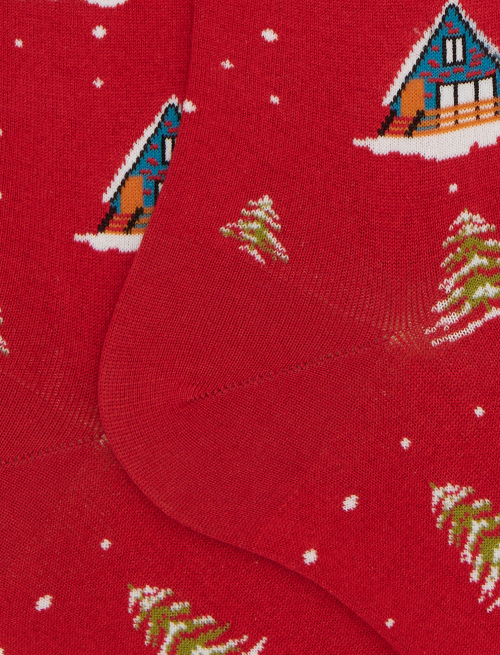Men's long socks in red cotton with snow-covered mountain hut pattern - Long | Gallo 1927 - Official Online Shop