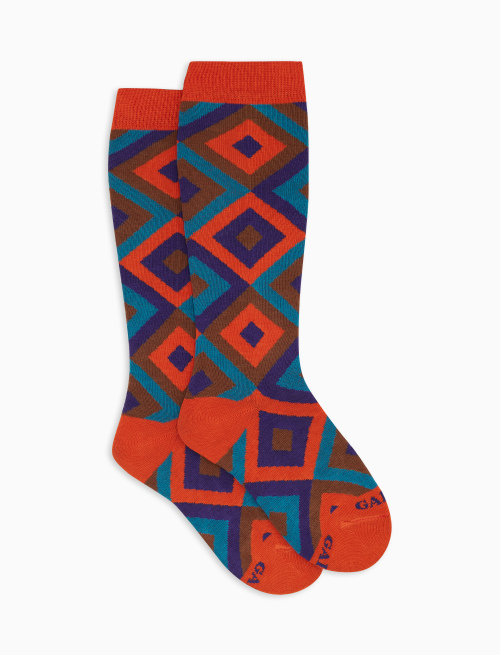 Children's long orange cotton socks with concentric diamond pattern - Long | Gallo 1927 - Official Online Shop