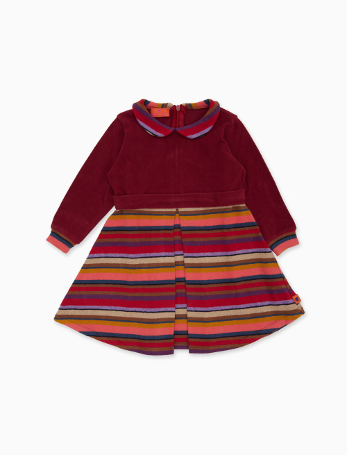 Long-sleeved burgundy fleece dress for girls with multicolored stripes and plain bodice - Girls Clothing | Gallo 1927 - Official Online Shop