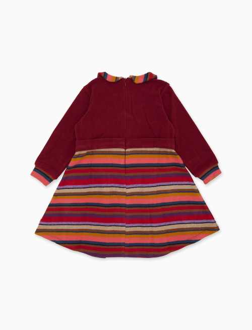 Long-sleeved burgundy fleece dress for girls with multicolored stripes and plain bodice - Girls Clothing | Gallo 1927 - Official Online Shop