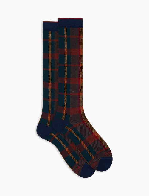 Women's long blue cotton socks with tartan pattern - Socks | Gallo 1927 - Official Online Shop