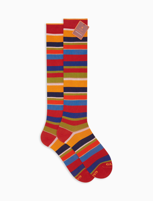 Men's long cotton socks in red with multicolor stripes, a tribute to Elio Fiorucci. - Socks | Gallo 1927 - Official Online Shop