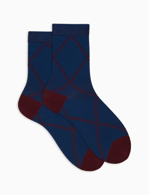Women's short socks in blue cotton with diamond pattern - Socks | Gallo 1927 - Official Online Shop