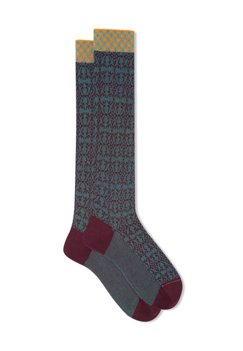 Men's long burgundy cotton socks with tile motif - Socks | Gallo 1927 - Official Online Shop