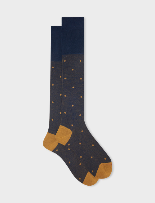 Men's long ocean blue/curry cotton socks with polka dots on iridescent base - Polka Dot Gallo | Gallo 1927 - Official Online Shop