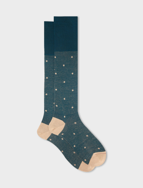 Men's long peacock blue cotton socks with polka dots on iridescent base - Past Season | Gallo 1927 - Official Online Shop
