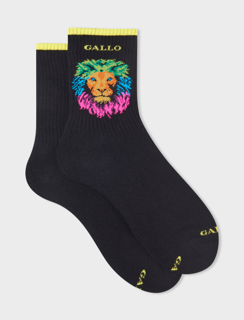 Men's short black cotton terry cloth socks with rainbow lion motif - Socks | Gallo 1927 - Official Online Shop