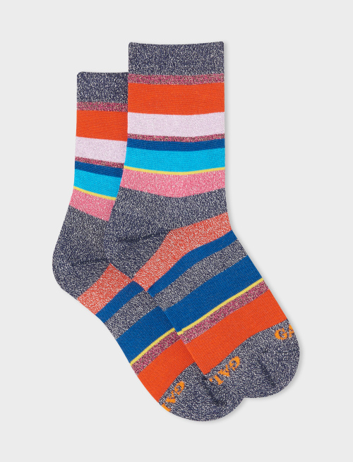 Kids' short blue cotton socks with multicoloured lurex and neon stripes - Socks | Gallo 1927 - Official Online Shop