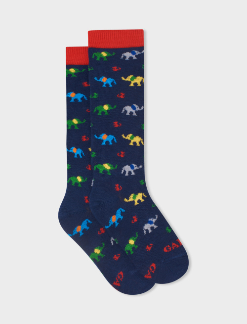 Kids' long royal cotton socks with elephant and mouse motif - Kid | Gallo 1927 - Official Online Shop