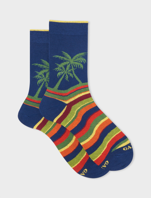 Men's short royal cotton socks with multicoloured wave and palm motif - First Selection | Gallo 1927 - Official Online Shop