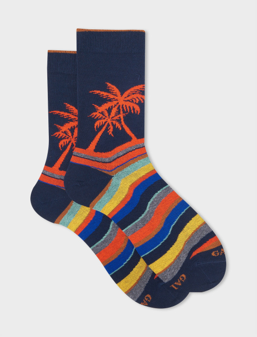 Men's short navy cotton socks with multicoloured wave and palm motif - First Selection | Gallo 1927 - Official Online Shop