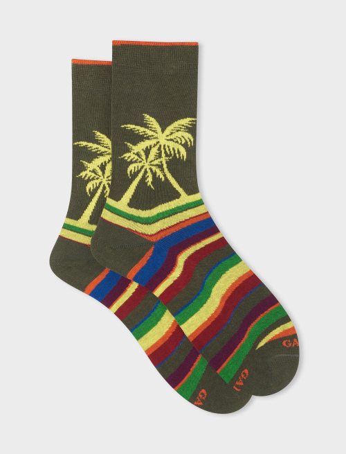 Men's short army cotton socks with multicoloured wave and palm motif - First Selection | Gallo 1927 - Official Online Shop