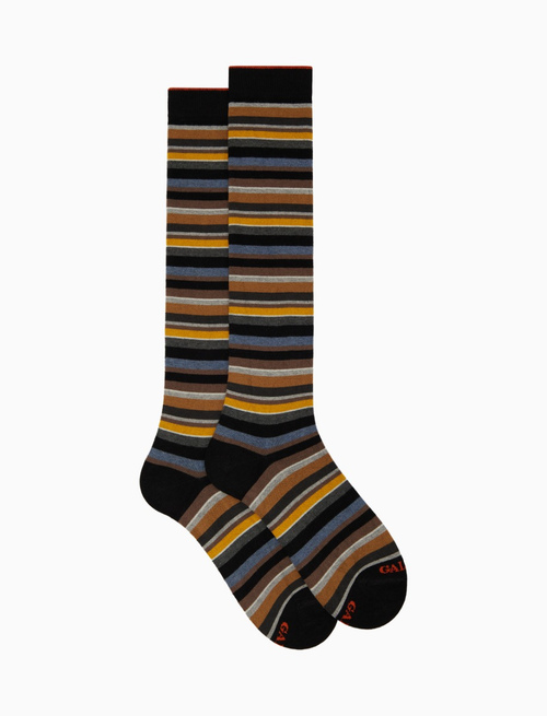 Women's long black cotton and cashmere socks with multicoloured micro stripes - Woman | Gallo 1927 - Official Online Shop