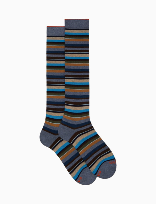 Women's long light blue cotton and cashmere socks with multicoloured micro stripes - Woman | Gallo 1927 - Official Online Shop