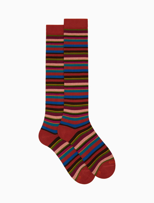 Women's long fuchsia cotton and cashmere socks with multicoloured micro stripes - Woman | Gallo 1927 - Official Online Shop