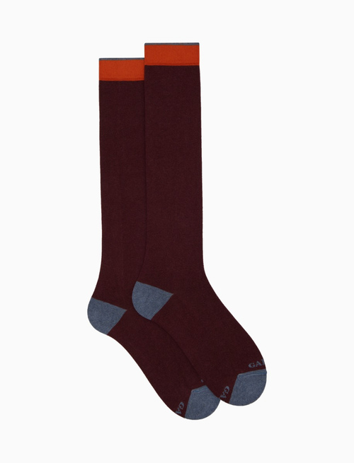 Women's long plain burgundy cotton and cashmere socks with contrasting details - Woman | Gallo 1927 - Official Online Shop