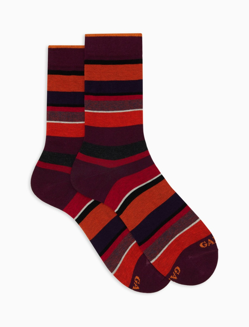 Women's short burgundy cotton socks with multicoloured stripes - Multicolor | Gallo 1927 - Official Online Shop