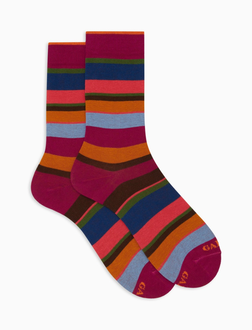 Women's short fuchsia cotton socks with multicoloured stripes - Multicolor | Gallo 1927 - Official Online Shop