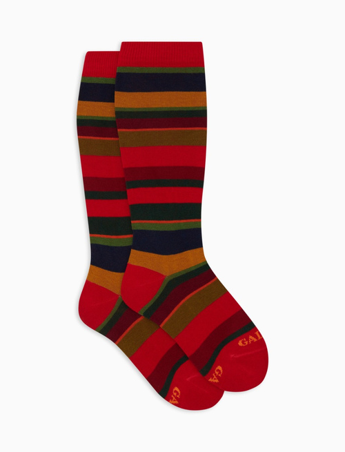 Kids' long red cotton socks with multicoloured stripes - Long | Gallo 1927 - Official Online Shop
