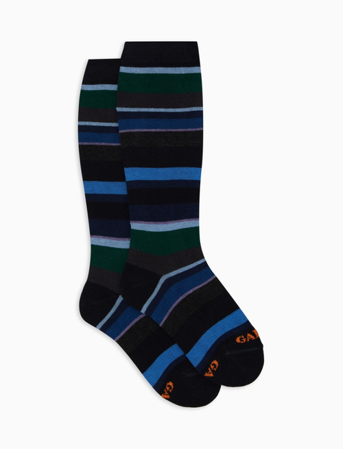 Kids' long blue cotton socks with multicoloured stripes - Long | Gallo 1927 - Official Online Shop