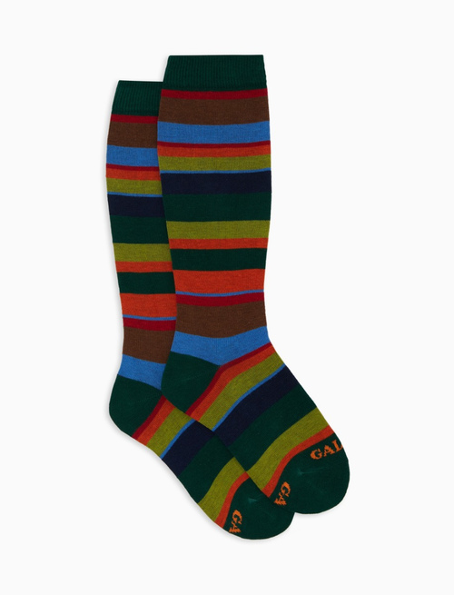 Kids' long green cotton socks with multicoloured stripes - Long | Gallo 1927 - Official Online Shop