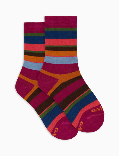 Kids' short fuchsia cotton socks with multicoloured stripes - Socks | Gallo 1927 - Official Online Shop