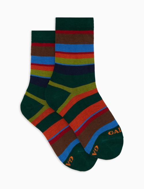 Kids' short green cotton socks with multicoloured stripes - Socks | Gallo 1927 - Official Online Shop