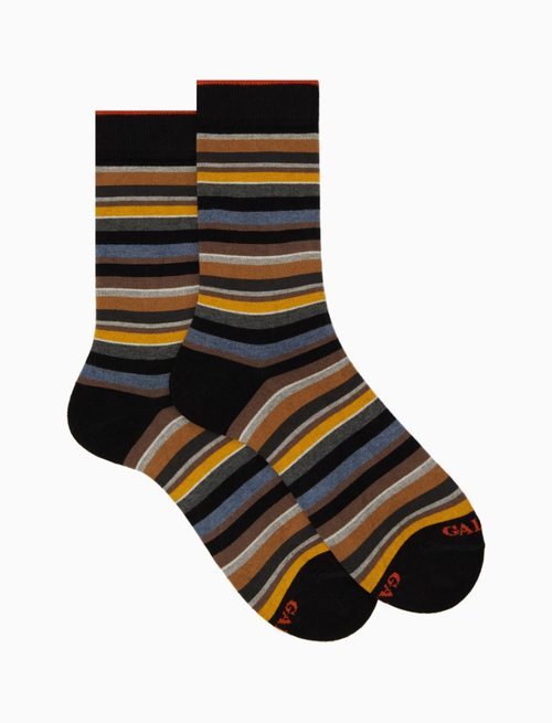 Men's short black cotton and cashmere socks with multicoloured micro stripes - Multicolor | Gallo 1927 - Official Online Shop