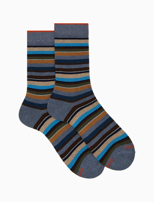 Men's short light blue cotton and cashmere socks with multicoloured micro stripes - Multicolor | Gallo 1927 - Official Online Shop
