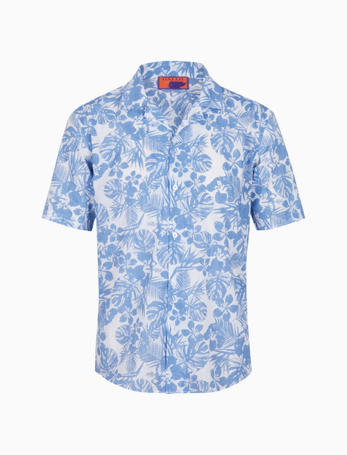 Men's aquarium blue short-sleeved cotton shirt with hibiscus and leaf motif - Clothing | Gallo 1927 - Official Online Shop