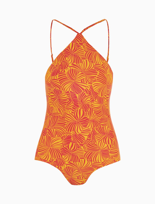 Women's narcissus yellow halterneck one-piece polyester swimsuit with large floral pattern - Second Selection | Gallo 1927 - Official Online Shop