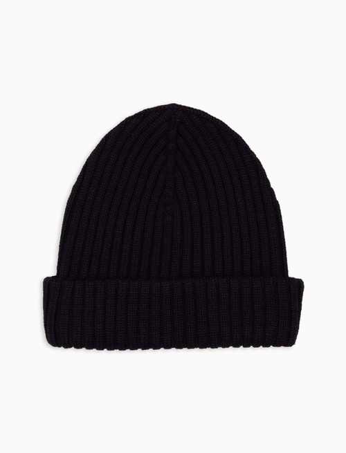 Unisex plain blue ribbed wool, silk and cashmere beanie - Accessories | Gallo 1927 - Official Online Shop