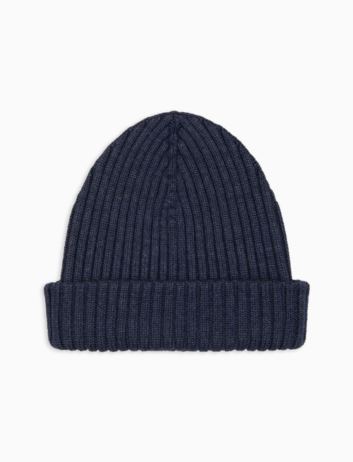 Unisex plain blue ribbed wool, silk and cashmere beanie - Accessories | Gallo 1927 - Official Online Shop