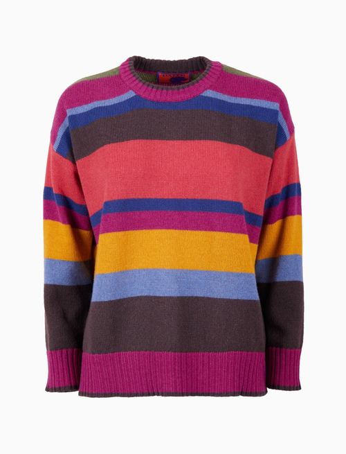 Women's fuchsia wool and cashmere crew-neck sweater with large multicoloured stripes - Clothing | Gallo 1927 - Official Online Shop