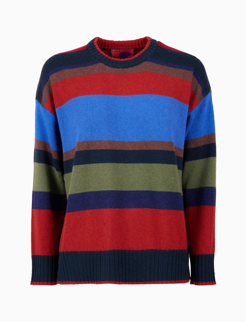 Women's green wool and cashmere crew-neck sweater with large multicoloured stripes - Knitwear | Gallo 1927 - Official Online Shop