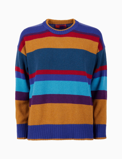 Women's blue wool and cashmere crew-neck sweater with large multicoloured stripes - Knitwear | Gallo 1927 - Official Online Shop