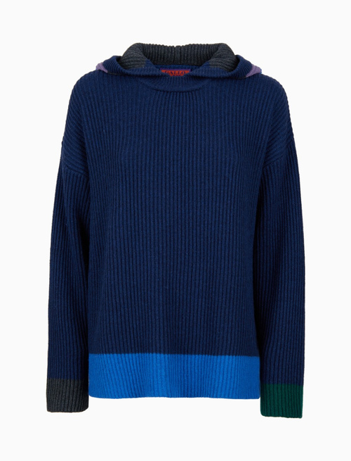 Women's hoodie in plain blue fisherman's rib-stitched wool and cashmere with multicoloured stripes - Knitwear | Gallo 1927 - Official Online Shop