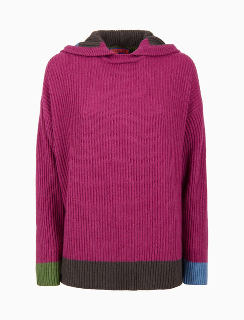 Women's hoodie in plain fuchsia fisherman's rib-stitched wool and cashmere with multicoloured stripes - Clothing | Gallo 1927 - Official Online Shop
